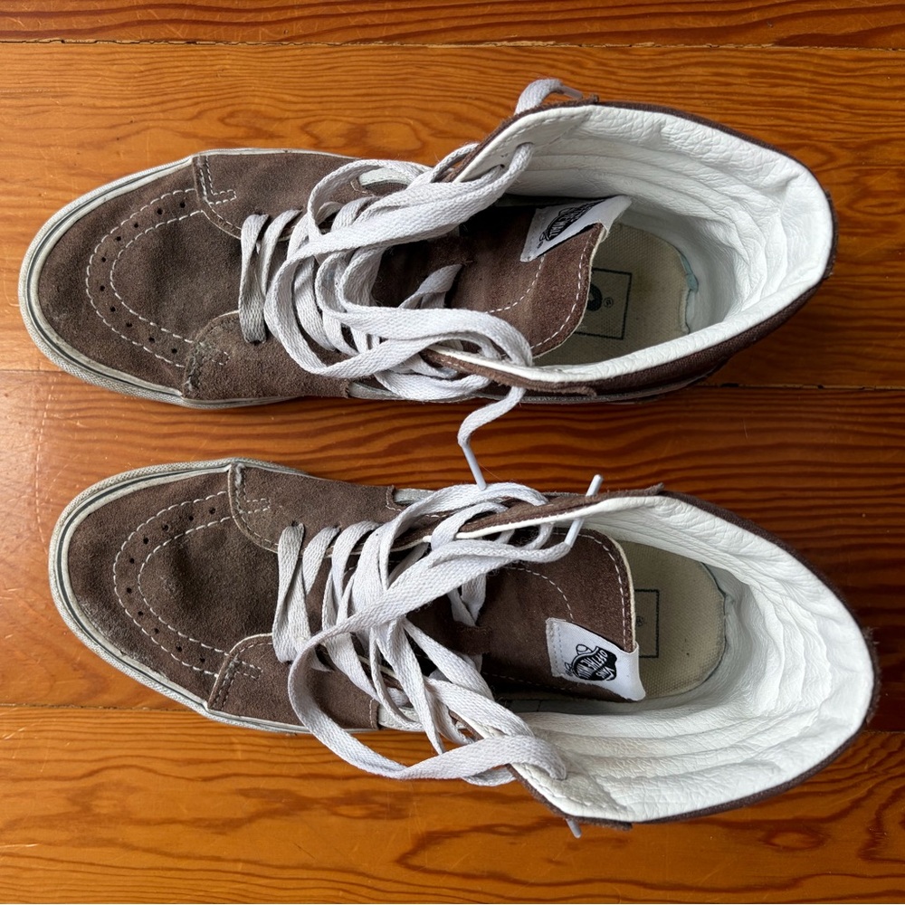 Brown Suede Vans Off the Wall High-Top Sneakers with White Lining